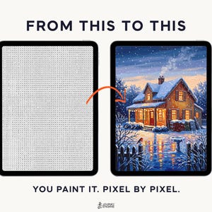 May include: Two tablets display a digital paint-by-number activity. The left screen shows a grid of letters, while the right screen shows a completed winter scene of a house with glowing windows, snow, and a bird. Text reads FROM THIS TO THIS.