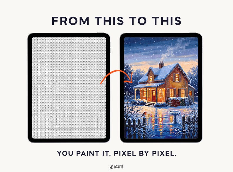 May include: Two tablets display a digital paint-by-number activity. The left screen shows a grid of letters, while the right screen shows a completed winter scene of a house with glowing windows, snow, and a bird. Text reads FROM THIS TO THIS.