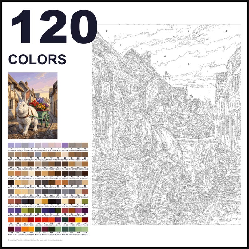 May include: A paint-by-numbers kit featuring 120 colors, displaying a finished scene of a rabbit pulling a cart filled with flowers on a cobblestone street, alongside a large, uncolored line-art template with numbered sections for painting.