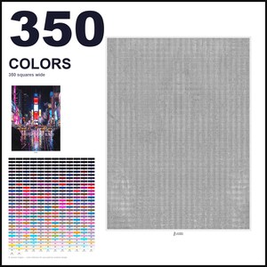 May include: A paint-by-numbers pattern featuring a large grid of 350 colors, a small reference image of a rainy city street at night with neon lights, and a large gray-scale grid labeled 350 squares wide, designed for detailed artistic projects.