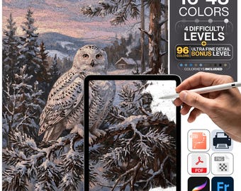 Snowy Owl Paint by Numbers Digital | 5 Levels 16-96 Colors | Svg Pdf Png Procreate | Snowy Owl Winter Forest Nordic Printable Wall Art