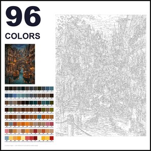 May include: A paint-by-numbers kit featuring a detailed line drawing of a canal scene with boats and buildings. The set includes a small color reference image and a grid of 96 numbered color swatches with corresponding codes for painting.