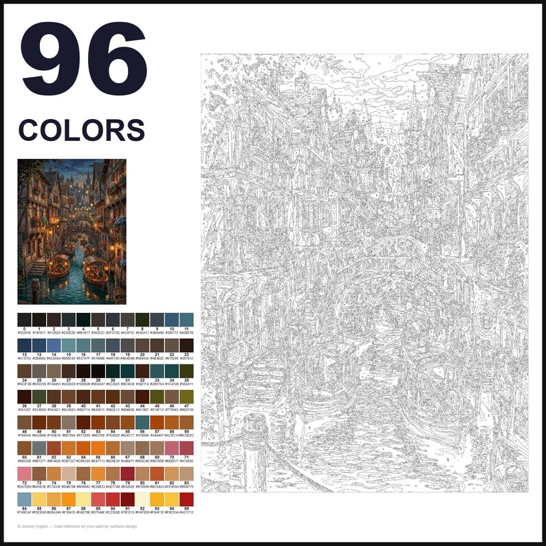 May include: A paint-by-numbers kit featuring a detailed line drawing of a canal scene with boats and buildings. The set includes a small color reference image and a grid of 96 numbered color swatches with corresponding codes for painting.