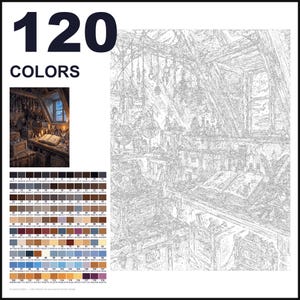 May include: A paint-by-numbers kit featuring a detailed line art outline of an attic study with an open book, globes, and hanging items. The set includes a small color reference image and a comprehensive palette of 120 numbered color swatches.