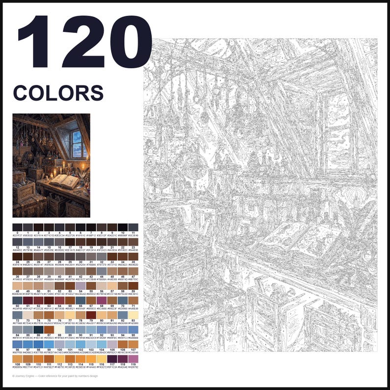 May include: A paint-by-numbers kit featuring a detailed line art outline of an attic study with an open book, globes, and hanging items. The set includes a small color reference image and a comprehensive palette of 120 numbered color swatches.