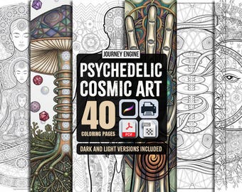 Psychedelisch kleurboek voor volwassenen | Heilige geometrie en kosmische mandalakunst | 40 afdrukbare pagina's | Spiritueel cadeau | Direct downloaden