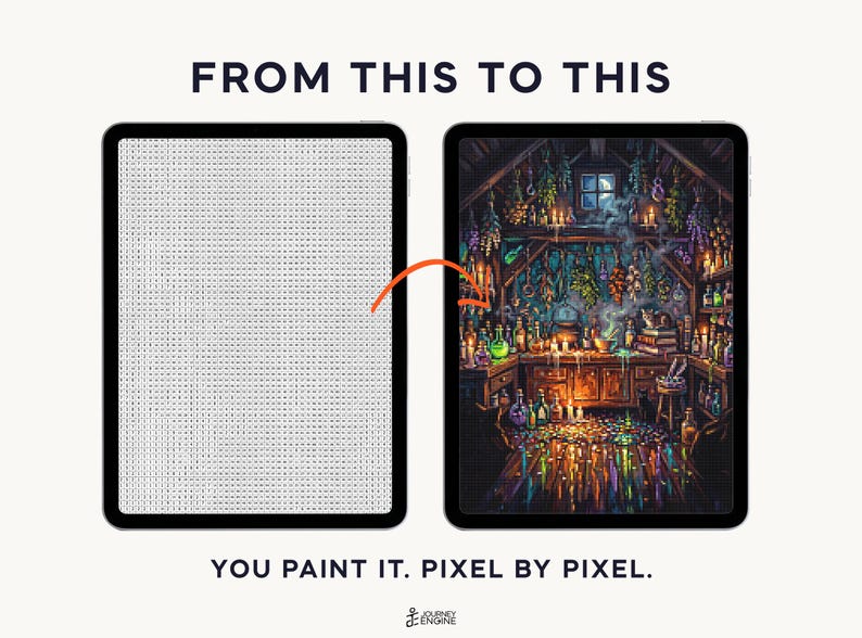 May include: Two tablets displaying a digital paint-by-number interface. The left screen shows a grid of letters, while the right screen shows a completed, colorful illustration of a candlelit apothecary room. Text reads: FROM THIS TO THIS. YOU PAINT IT. PIXEL BY PIXEL.