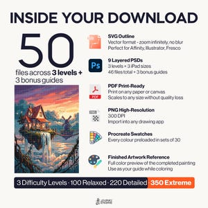 May include: A digital download package containing 50 files across 3 levels and 3 bonus guides. Includes SVG outlines, 9 layered PSDs, PDF print-ready files, high-resolution PNGs, Procreate swatches, and a finished artwork reference of a floating house.