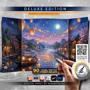 Mondschein-Laternenfest-Triptychon-Set | Asiatische Flussstadt-Nachtkunst | 90-Farben-Deluxe-Set für Erwachsene | Sofortiger Download zum Ausdrucken