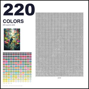 May include: A paint-by-numbers kit featuring a toucan in a tropical jungle. The layout includes a large grid, a finished reference image, and a color palette chart with 220 numbered color swatches. The text reads 220 COLORS and 220 squares wide.
