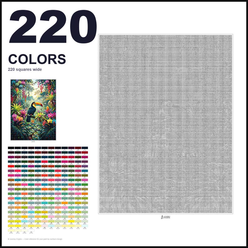 May include: A paint-by-numbers kit featuring a toucan in a tropical jungle. The layout includes a large grid, a finished reference image, and a color palette chart with 220 numbered color swatches. The text reads 220 COLORS and 220 squares wide.