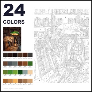 May include: A paint-by-numbers kit featuring 24 colors, a reference image of a cat sleeping on books under a green banker lamp, and a large numbered outline drawing of the same scene. The palette includes various shades of brown, green, and gray.