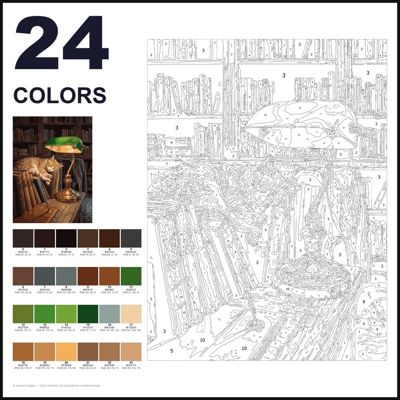 May include: A paint-by-numbers kit featuring 24 colors, a reference image of a cat sleeping on books under a green banker lamp, and a large numbered outline drawing of the same scene. The palette includes various shades of brown, green, and gray.