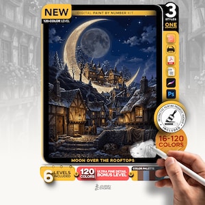 May include: A digital paint by number kit titled Moon Over The Rooftops featuring a night scene with a large crescent moon, a full moon, and illuminated timber-framed houses. The kit includes 120 colors, 6 levels, and an interactive progress tracker.