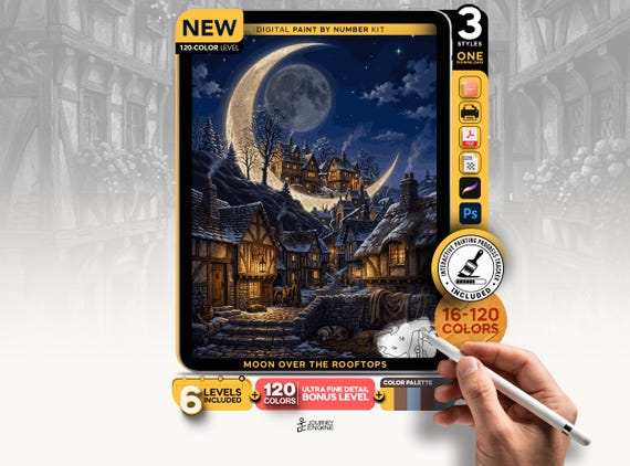 Crescent Moon Village paint by numbers digital kit, Snowy Winter Night Art