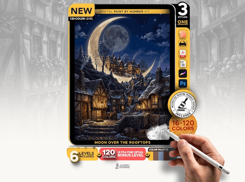 May include: A digital paint by number kit titled Moon Over The Rooftops featuring a night scene with a large crescent moon, a full moon, and illuminated timber-framed houses. The kit includes 120 colors, 6 levels, and an interactive progress tracker.