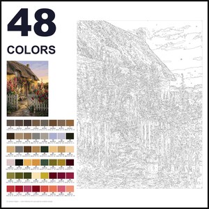 May include: A paint-by-numbers kit featuring 48 colors, a reference image of a thatched cottage with a garden, and a large outlined canvas. The canvas displays a detailed line drawing of the cottage, a picket fence, and flowers, with numbered sections for painting.