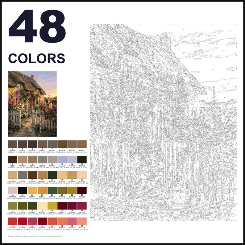 May include: A paint-by-numbers kit featuring 48 colors, a reference image of a thatched cottage with a garden, and a large outlined canvas. The canvas displays a detailed line drawing of the cottage, a picket fence, and flowers, with numbered sections for painting.