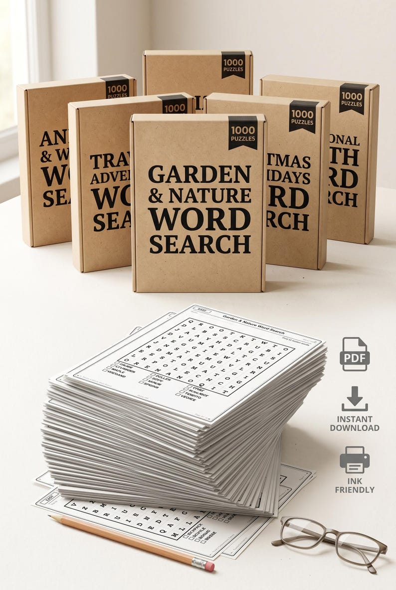 A stack of large-print word search puzzle books with a pencil and glasses, boxes labeled 1000 Puzzles with Garden and Nature Word Search and other themes in the background