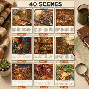 May include: A collection of nine illustrated puzzle cards titled 40 SCENES, each featuring a unique search-and-find activity with a magnifying glass graphic. The cards display various indoor and outdoor settings, including a cozy attic, a van dashboard, a pantry, and a beach, with numbered lists of items to locate in each scene.