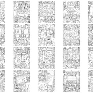May include: A collection of twenty black and white line art illustrations depicting various scenes of daily life, office work, and digital planning. Each panel features intricate details of people using smartphones, computers, and calendars in cluttered, cozy environments.