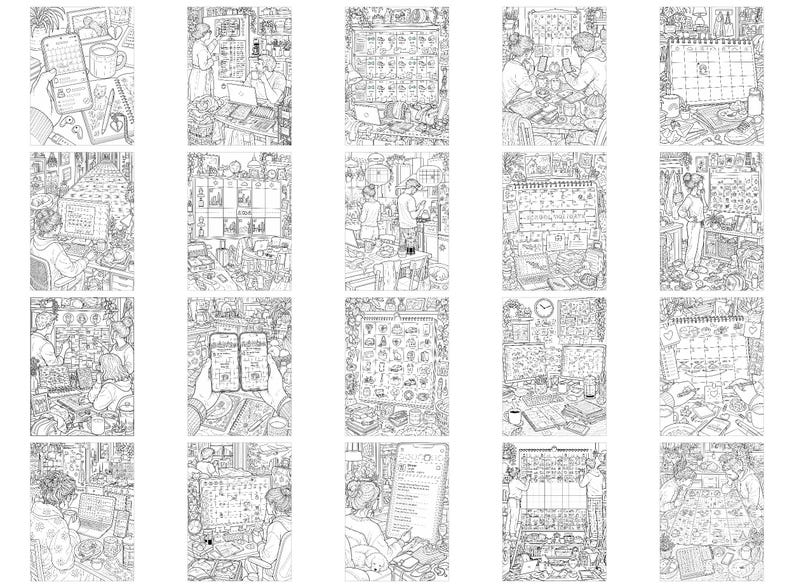 May include: A collection of twenty black and white line art illustrations depicting various scenes of daily life, office work, and digital planning. Each panel features intricate details of people using smartphones, computers, and calendars in cluttered, cozy environments.