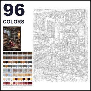May include: A paint-by-numbers kit featuring a detailed line drawing of a cluttered workshop interior with shelves, tools, and a doll. The set includes a small color reference image and a grid of 96 numbered color swatches with hex codes.