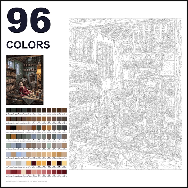 May include: A paint-by-numbers kit featuring a detailed line drawing of a cluttered workshop interior with shelves, tools, and a doll. The set includes a small color reference image and a grid of 96 numbered color swatches with hex codes.