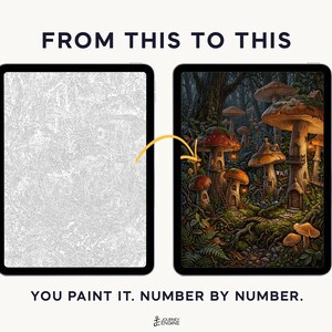 May include: Two tablets displaying a paint-by-number project. The left tablet shows a grayscale line art template, while the right tablet displays the completed, colorful illustration of a forest with mushroom houses. Text reads: FROM THIS TO THIS. YOU PAINT IT. NUMBER BY NUMBER.