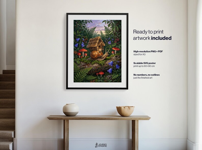 May include: A framed digital art print featuring a snail with a small wooden house on its shell, surrounded by ferns, blue bellflowers, and red mushrooms in a forest setting. Text on the right reads: Ready to print artwork included, High-resolution PNG + PDF sized for A3, Scalable SVG poster print up to 60x90 cm, No numbers, no outlines just the finished art.