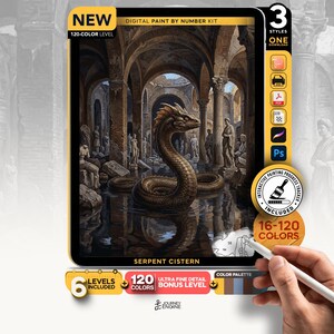 May include: A digital paint by number kit titled Serpent Cistern featuring a large snake in an ancient stone structure with columns and statues. The kit includes 120 colors, an interactive progress tracker, and multiple file formats for digital use.