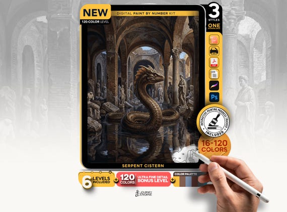 Serpent Cistern paint by numbers digital kit, Ancient Roman Ruins Fantasy Art