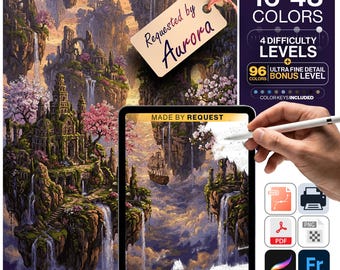 Floating Sky Islands Paint by Numbers Digital| 5 Levels 16-96 Colors| Svg Pdf Png Procreate| Fantasy Landscape Airship Printable Wall Art