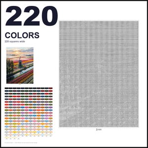 May include: A cross-stitch pattern chart featuring a large grid, a small reference image of a windmill in a tulip field, and a color key with 220 distinct shades. The text reads 220 COLORS and 220 squares wide, providing a guide for needlework.