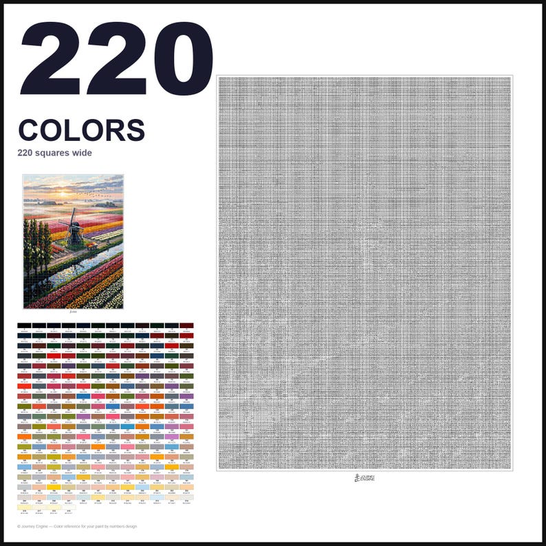 May include: A cross-stitch pattern chart featuring a large grid, a small reference image of a windmill in a tulip field, and a color key with 220 distinct shades. The text reads 220 COLORS and 220 squares wide, providing a guide for needlework.
