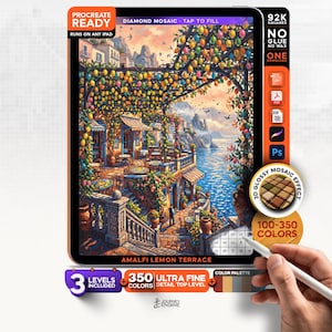 May include: A digital Procreate diamond mosaic art file titled Amalfi Lemon Terrace, featuring a coastal scene with a lemon-covered pergola, stone terrace, and sea view. The interface includes text labels for 92K squares, 350 colors, and 3 levels.