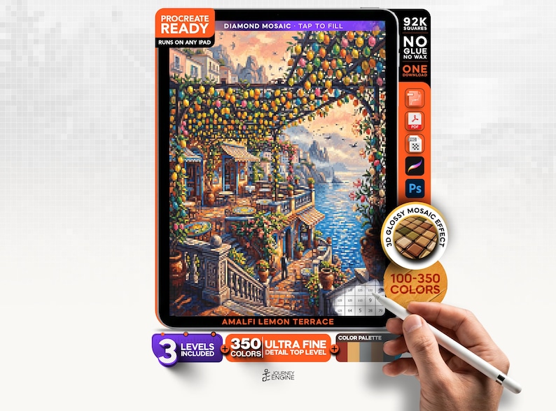 May include: A digital Procreate diamond mosaic art file titled Amalfi Lemon Terrace, featuring a coastal scene with a lemon-covered pergola, stone terrace, and sea view. The interface includes text labels for 92K squares, 350 colors, and 3 levels.