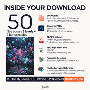 May include: A digital download package containing 50 files across 3 levels and 3 bonus guides. Includes SVG outlines, 9 layered PSDs, PDF print-ready files, high-resolution PNGs, Procreate swatches, and a finished artwork reference of colorful jellyfish.