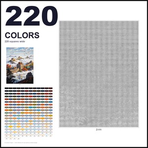 May include: A paint-by-numbers pattern featuring 220 colors and a 220 squares wide grid. The image displays a small reference picture of the Great Wall of China, a comprehensive color legend, and a large, detailed gray grid for painting.
