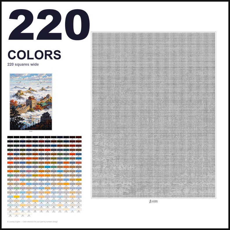 May include: A paint-by-numbers pattern featuring 220 colors and a 220 squares wide grid. The image displays a small reference picture of the Great Wall of China, a comprehensive color legend, and a large, detailed gray grid for painting.