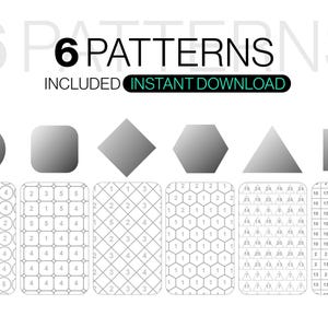 May include: A digital graphic displaying 6 PATTERNS INCLUDED INSTANT DOWNLOAD with six geometric shapes above six corresponding grid patterns. The grids feature repeating circles, rounded squares, diamonds, hexagons, triangles, and squares with numbers.