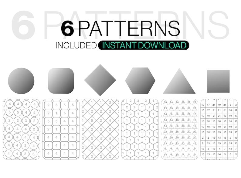 May include: A digital graphic displaying 6 PATTERNS INCLUDED INSTANT DOWNLOAD with six geometric shapes above six corresponding grid patterns. The grids feature repeating circles, rounded squares, diamonds, hexagons, triangles, and squares with numbers.