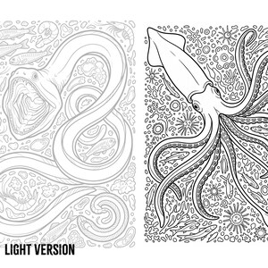 May include: A black and white coloring page featuring two distinct panels. The left panel shows a light-lined eel surrounded by shrimp and fish. The right panel displays a bold-lined squid surrounded by various small fish and sea life.