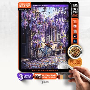 May include: A digital art file for Procreate titled Bicycle Under Wisteria, featuring a light blue bicycle parked on a cobblestone path beneath purple wisteria flowers. The interface includes text labels like 92K Squares, No Glue No Wax, and 350 Ultra Fine Detail.