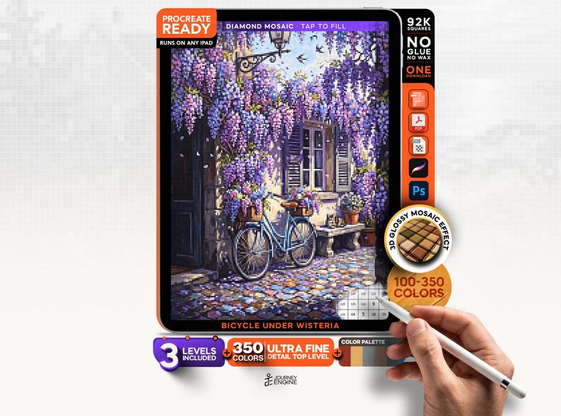 May include: A digital art file for Procreate titled Bicycle Under Wisteria, featuring a light blue bicycle parked on a cobblestone path beneath purple wisteria flowers. The interface includes text labels like 92K Squares, No Glue No Wax, and 350 Ultra Fine Detail.