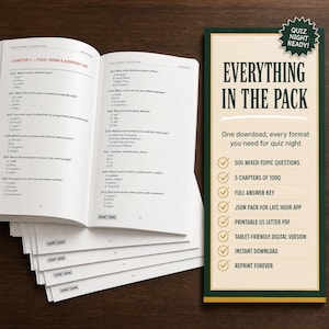 May include: A quiz book open to chapter three with multiple-choice questions about food and daily life, alongside a tall rectangular information card titled Everything in the Pack, featuring a checklist of digital formats and a green starburst badge.
