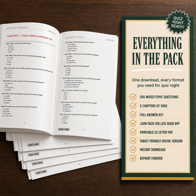 May include: A quiz book open to chapter three with multiple-choice questions about food and daily life, alongside a tall rectangular information card titled Everything in the Pack, featuring a checklist of digital formats and a green starburst badge.