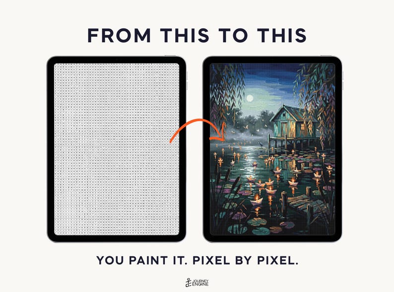 May include: Two tablets displaying a digital paint-by-number process. The left screen shows a grid of letters, while the right screen displays a finished painting of a cabin on stilts over water with floating lanterns. Text reads FROM THIS TO THIS and YOU PAINT IT. PIXEL BY PIXEL.
