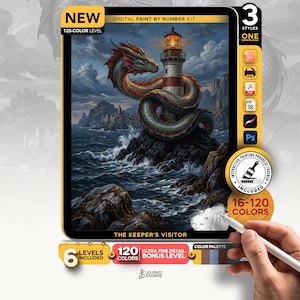 May include: A digital paint by number kit titled The Keeper's Visitor featuring a dragon coiled around a lighthouse on a rocky shore. The kit includes 120 colors, 6 levels, and an interactive painting progress tracker for digital devices.