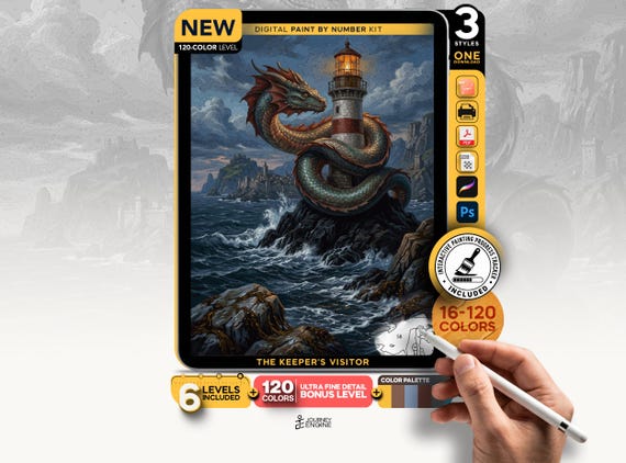 Sea Serpent Lighthouse paint by numbers digital kit, Nautical Fantasy Art